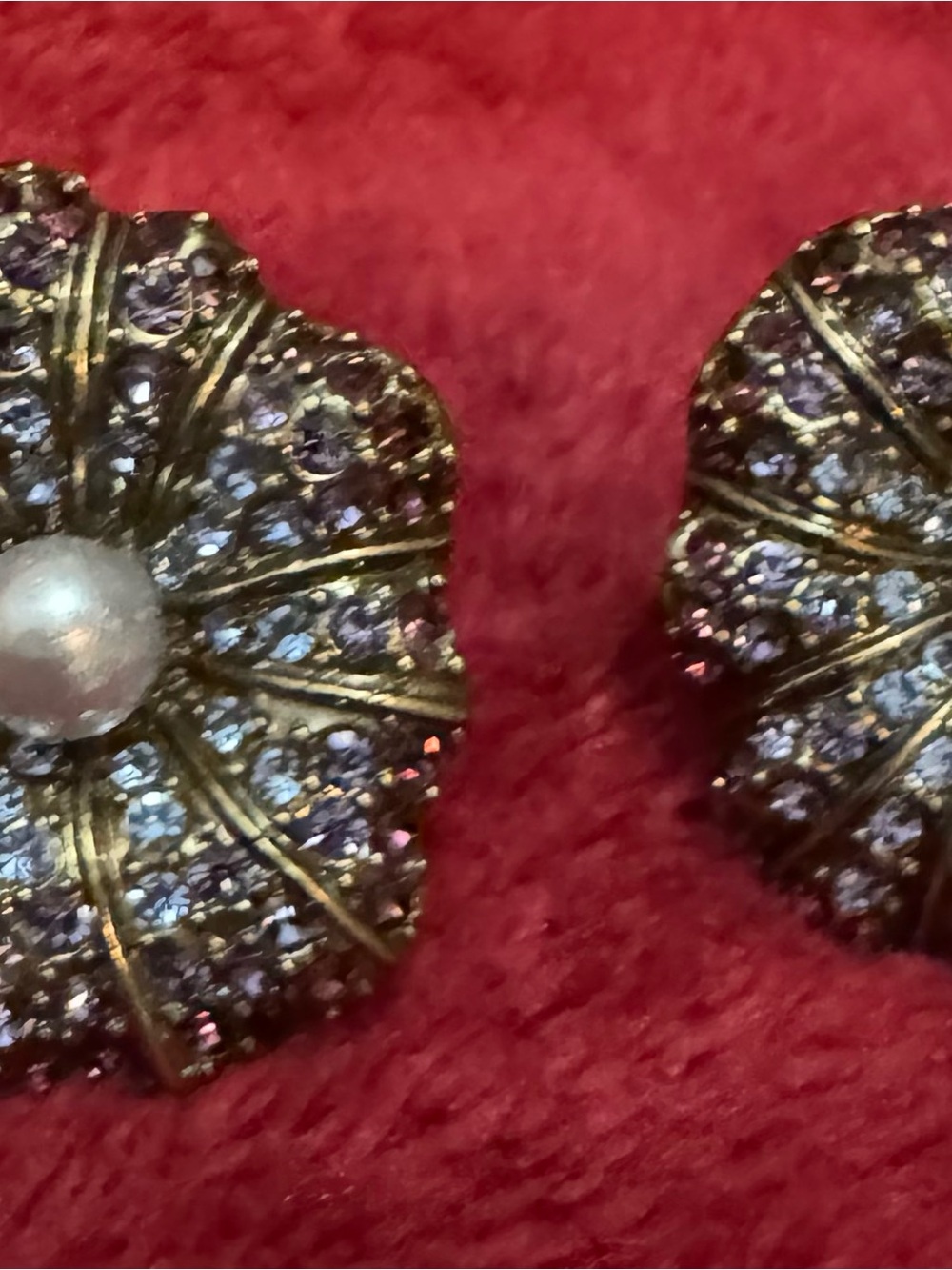 Heidi Daus Crystal Flower Faux Pearl Earrings Purple Blue Gold Tone